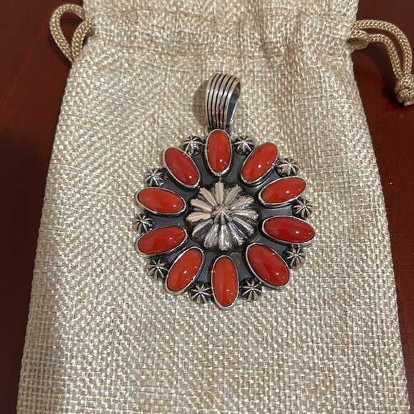 *Price Firm* Navajo Allison (Snowhawk) Lee Sterling and Coral Pendant - Picture 1 of 7